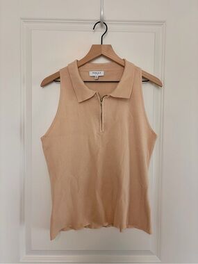 Gilli Beige Ribbed Zip-Collar Tank Top